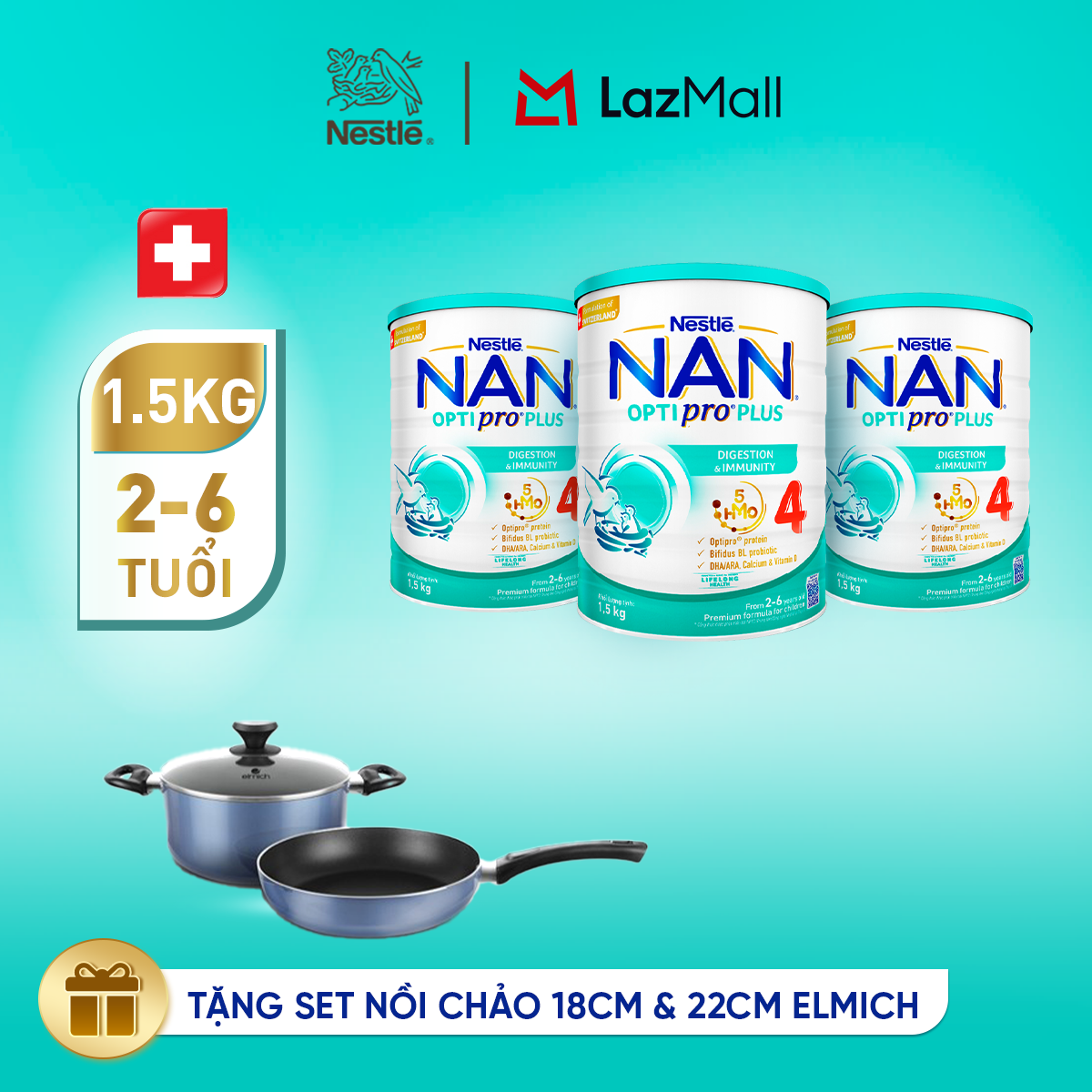 [Tặng Set Nồi Chảo Elmich] Bộ 3 lon Sữa Bột Nestlé NAN OPTIPRO PLUS 4 1500g Cho Bé 2 - 6 Tuổi: Công Thức Độc Quyền Nhập Khẩu Từ Thụy Sỹ, Chứa Phức Hợp 5-HMO