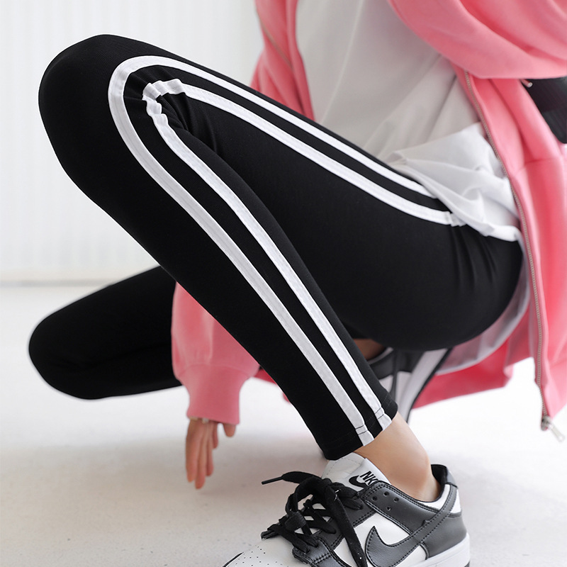 Mùa Thu Đàn Hồi Cao 95 Quần Chín Tấc Hai Đường Kẻ Hai Bên Cotton Quần Ống Nhỏ Tôn Dáng Thể Thao Cạp Cao Dễ Phối Mặc Bên Ngoài Cho Nữ