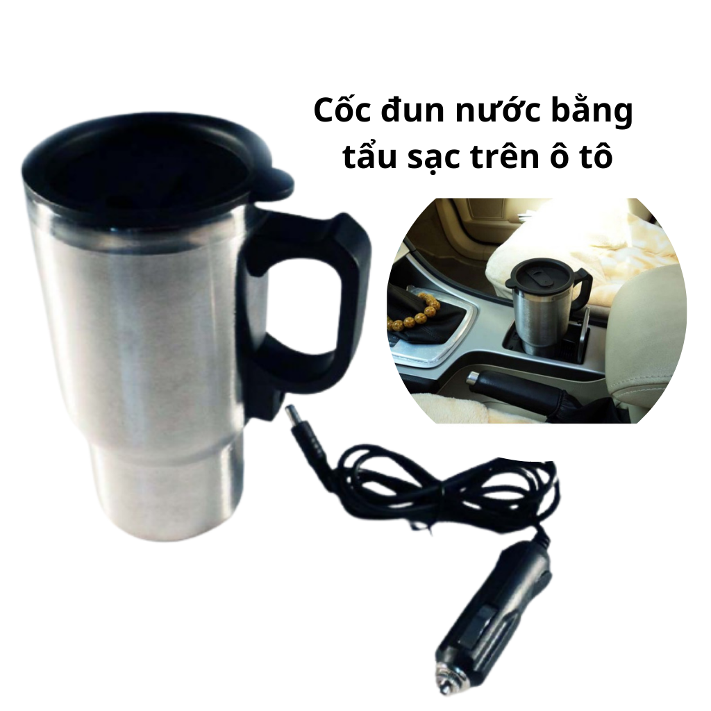 Cốc đun nước inox 12V trên xe ô tô, cách nhiệt, an toàn cho người sử dụng, tiện lợi pha sữa, nấu mì hoặc pha cafe,...