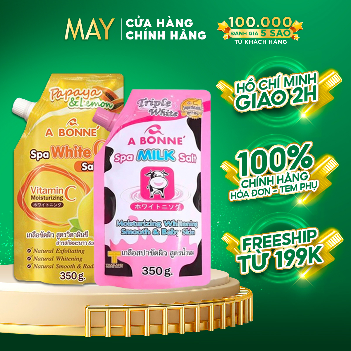 Combo 2 Bịch Muối Tắm (Sữa Bò + Vitamin C) Spa A Bonne Thái Lan Tẩy Tế Bào Chết 350g (Có Vòi)