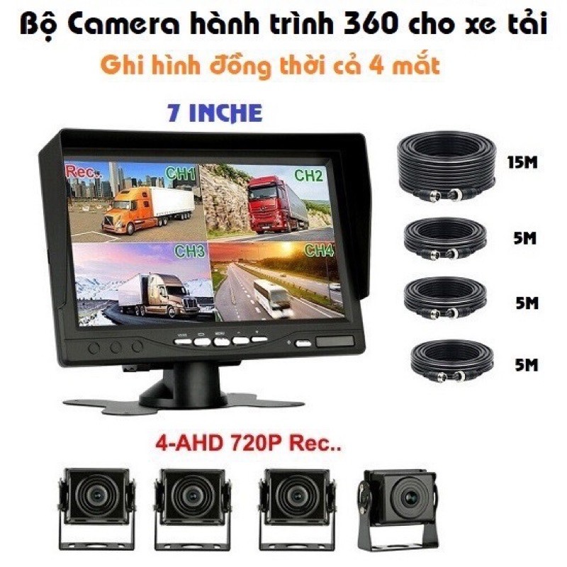 Camera hành trình 4 mắt hthree, siêu nét 4k màn hình 7” cam lùi 15m 3 mắt dành cho xe tải xe khách