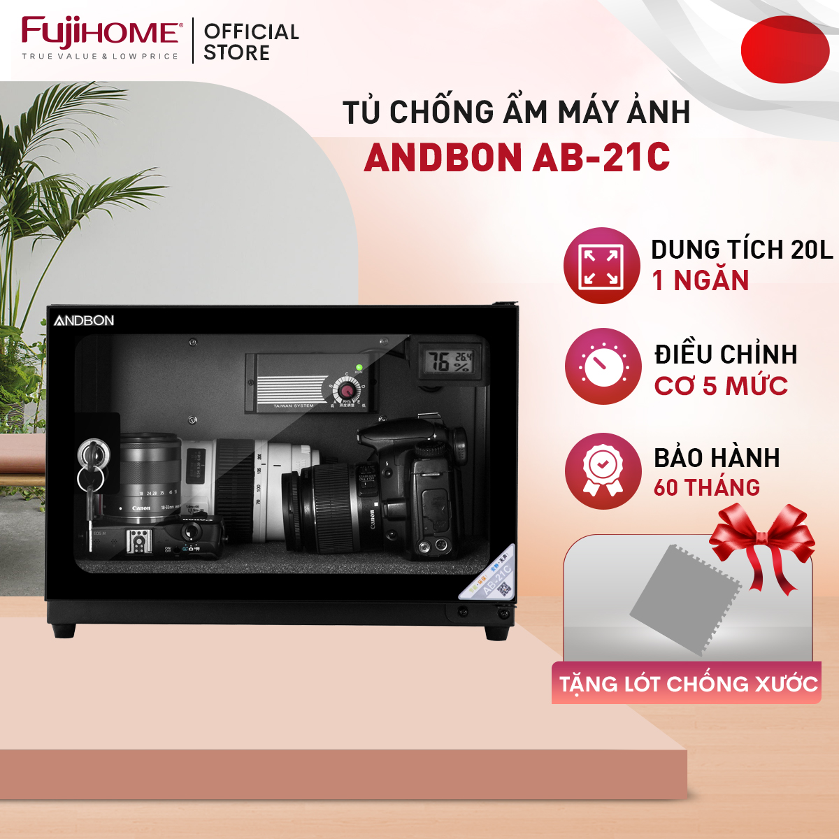 Tủ chống ẩm máy ảnh 20l nhập khẩu andbon ab-21c, tủ hút ẩm 20 lít 1 ngăn có đồng hồ đo % độ ẩm nhiệt độ