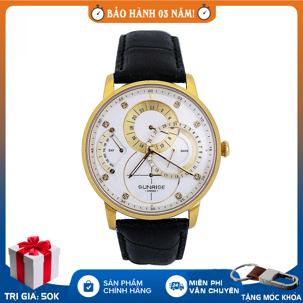 Đồng hồ nam, đồng hồ Sunrise 1146SA [Full hộp + Thẻ bảo hành hãng 3 năm] Sapphire chống xước , chống nước , dây da, bảo hành 3 năm