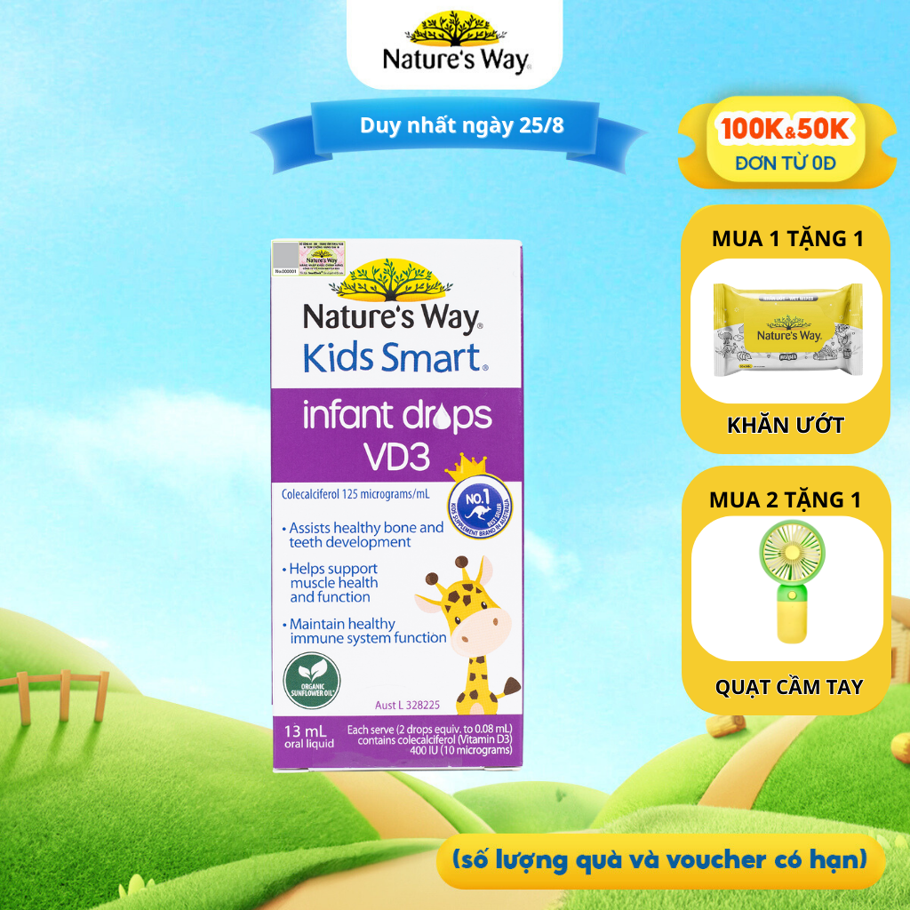Siro Uống Nature's Way Kids Smart Infant Drops VD3 Bổ Sung Vitamin D Cho Bé Giúp Tăng Cường Hấp Thụ Canxi, Tăng Cường Hệ Miễn Dịch Cho Trẻ, Hỗ Trợ Xương, Răng Chắc Khỏe 13ml