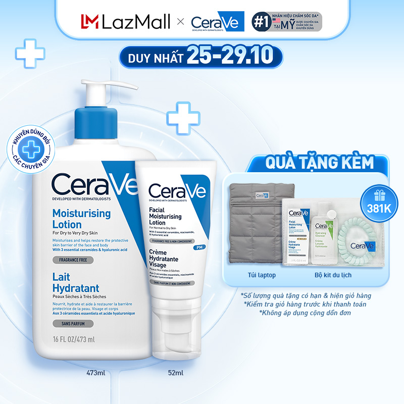 Bộ sản phẩm CeraVe sữa dưỡng ẩm toàn thân dành cho da khô 473ml và sữa