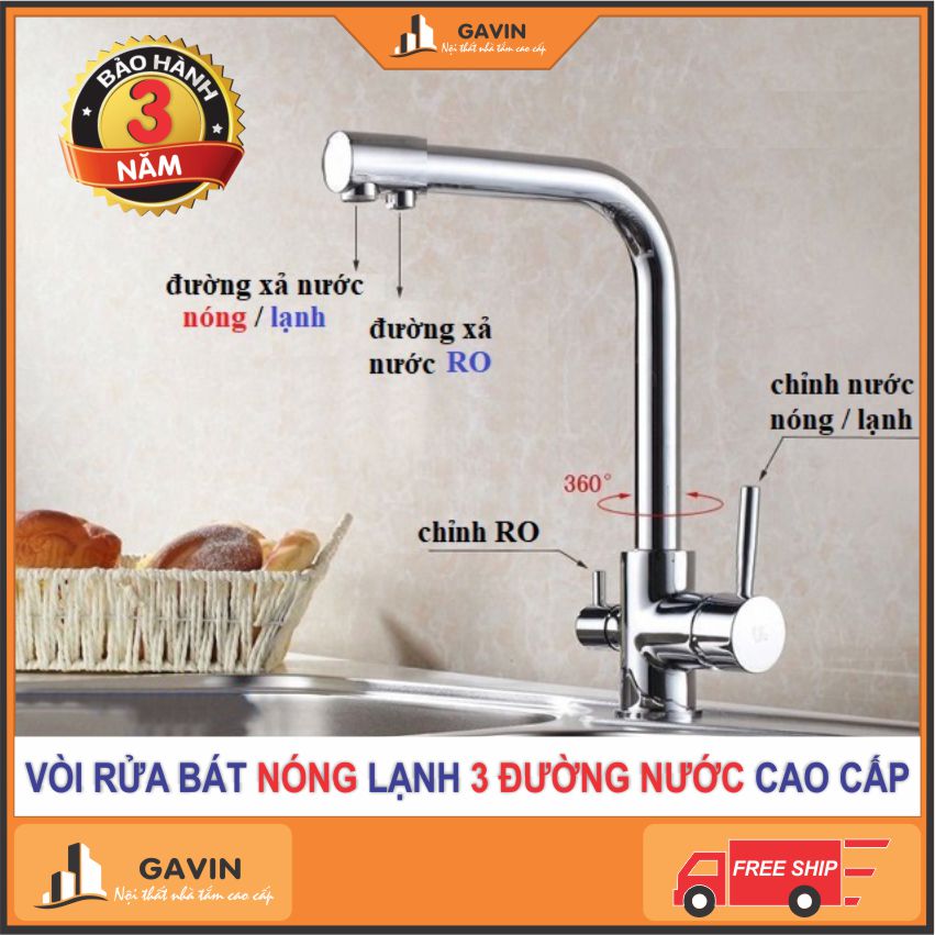 Vòi rửa bát 3 đường nước Nóng Lạnh Ro cao cấp