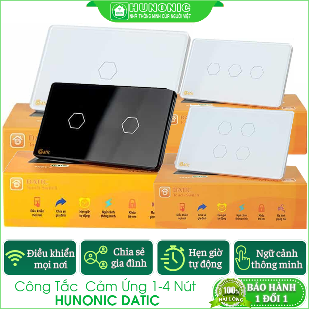 Công tắc cảm ứng Hunonic Datic 1-2-3-4 nút kết nối Wifi điều khiển mọi thiết bị từ xa qua điện thoại, Bảo hành 12 tháng.