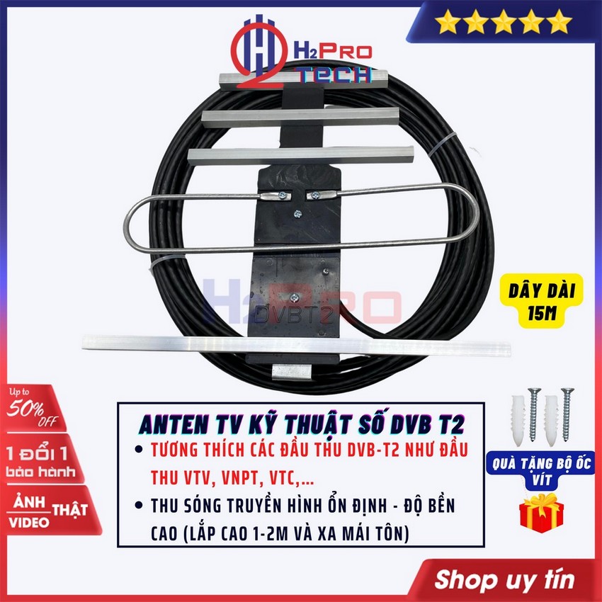 Ăng Ten Dvb T2 Nhôm Liền Dây Dài 12M, 15M Bắt Sóng Khoẻ Phải Để Xa Mái Tôn, Anten Tivi Cao Cấp-H2Pro Tech