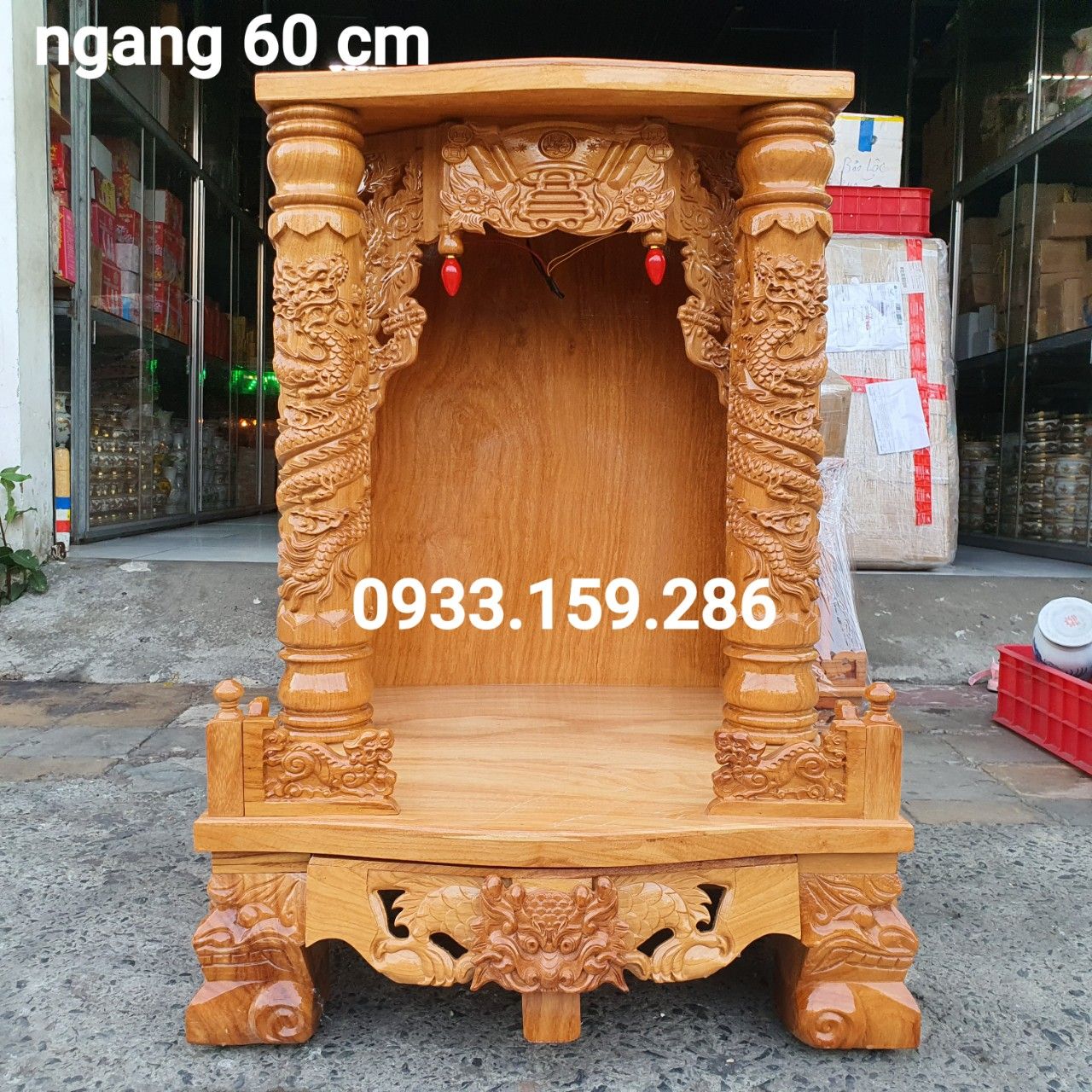 [Trả góp 0%] Bàn thờ thần tài ông địa gỗ gõ đỏ ngang 60 cm mẫu mới rất đẹp