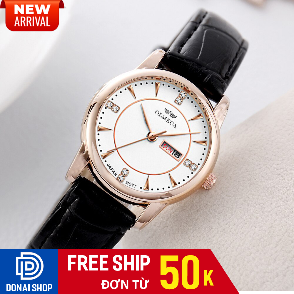 Đồng hồ nữ cao cấp Olmeca M2 dây da đính 4 viên đá thạch anh sang trọng hiển thị lịch ngày tự động chống nước 3ATM