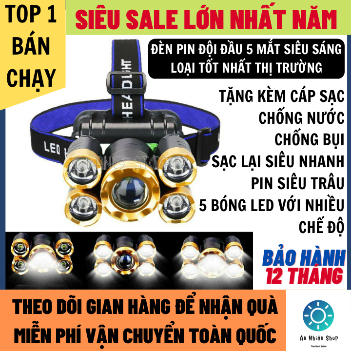 Đèn pin đội đầu siêu sáng loại mới 5 mắt bóng to hơn sáng hơn, chống nước, tặng kèm cáp sạc bảo hành 12 tháng, den pin sieu sang, đèn pin, đèn pin siêu sáng, den pin