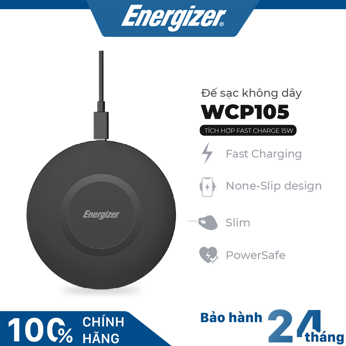 Đế sạc không dây Energizer WCP105 - 15W kèm cáp USB-C - Hàng chính hãng, bảo hành 2 năm 1 đổi 1