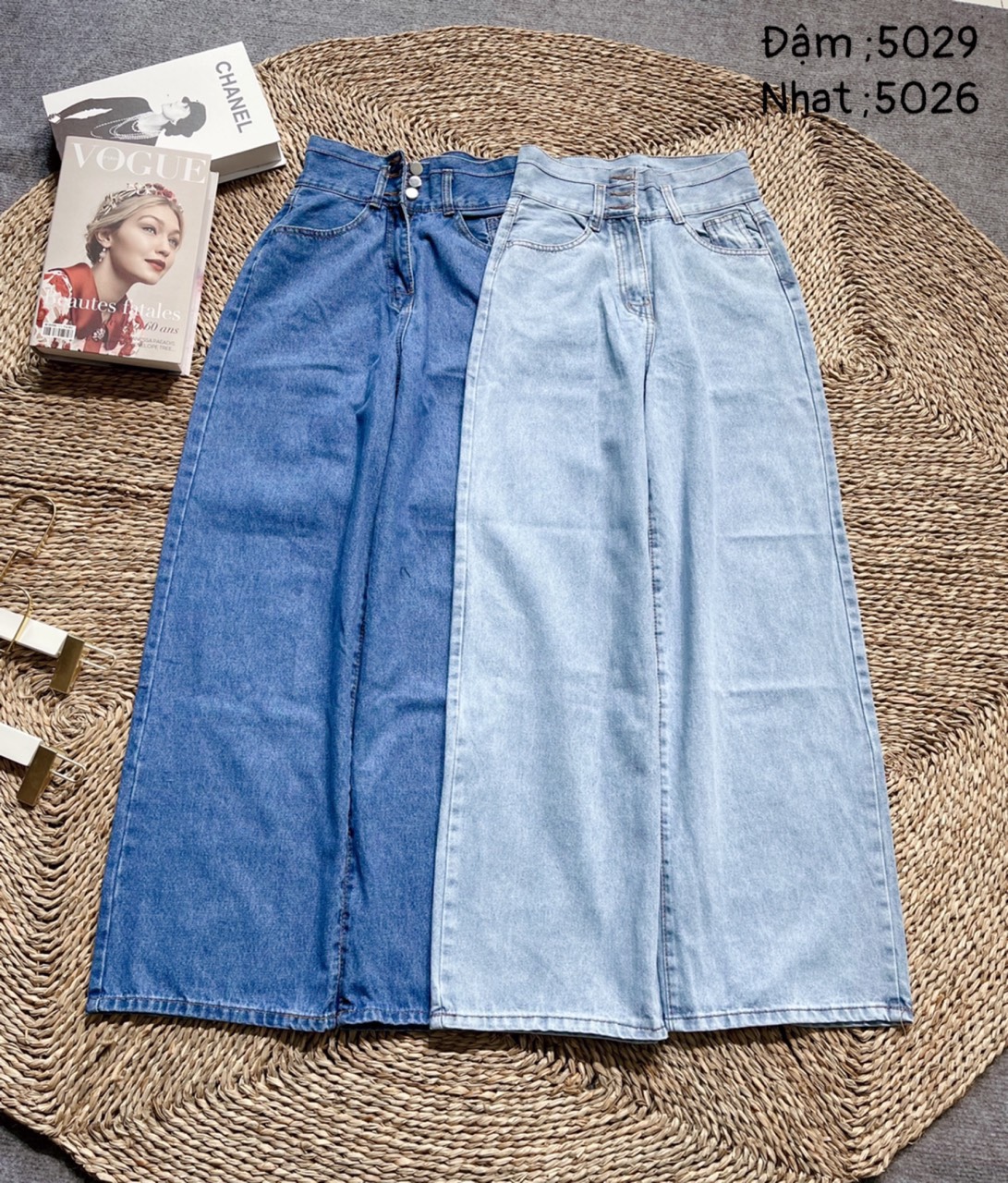 Quần dài jean denim Nữ 3 nút dọc lưng cao ống rộng dáng suông phù hợp các bạn trẻ