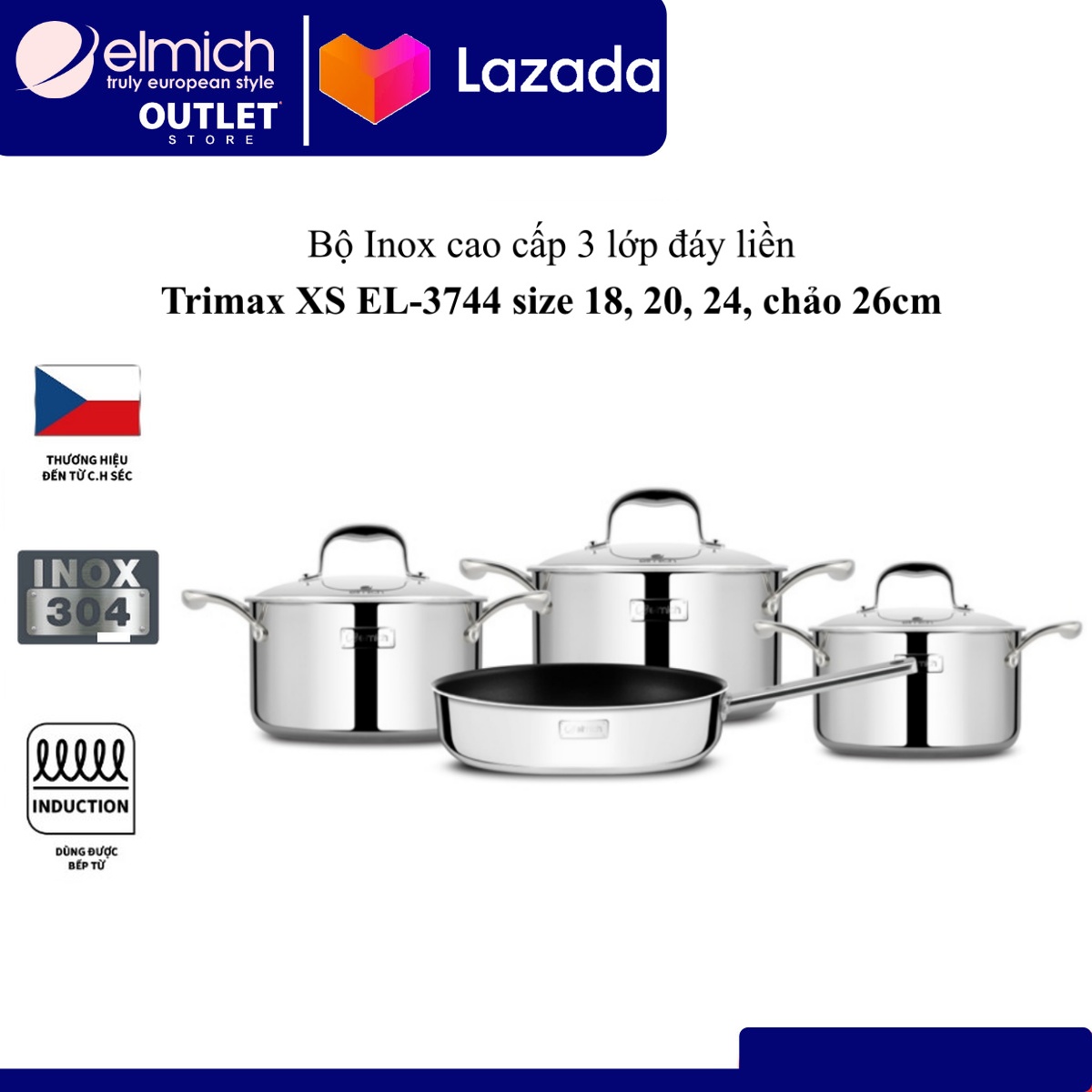 Bộ inox cao cấp 3 lớp đáy liền tri-max xs el-3744 size 18, 20, 24, chảo 26cm.
