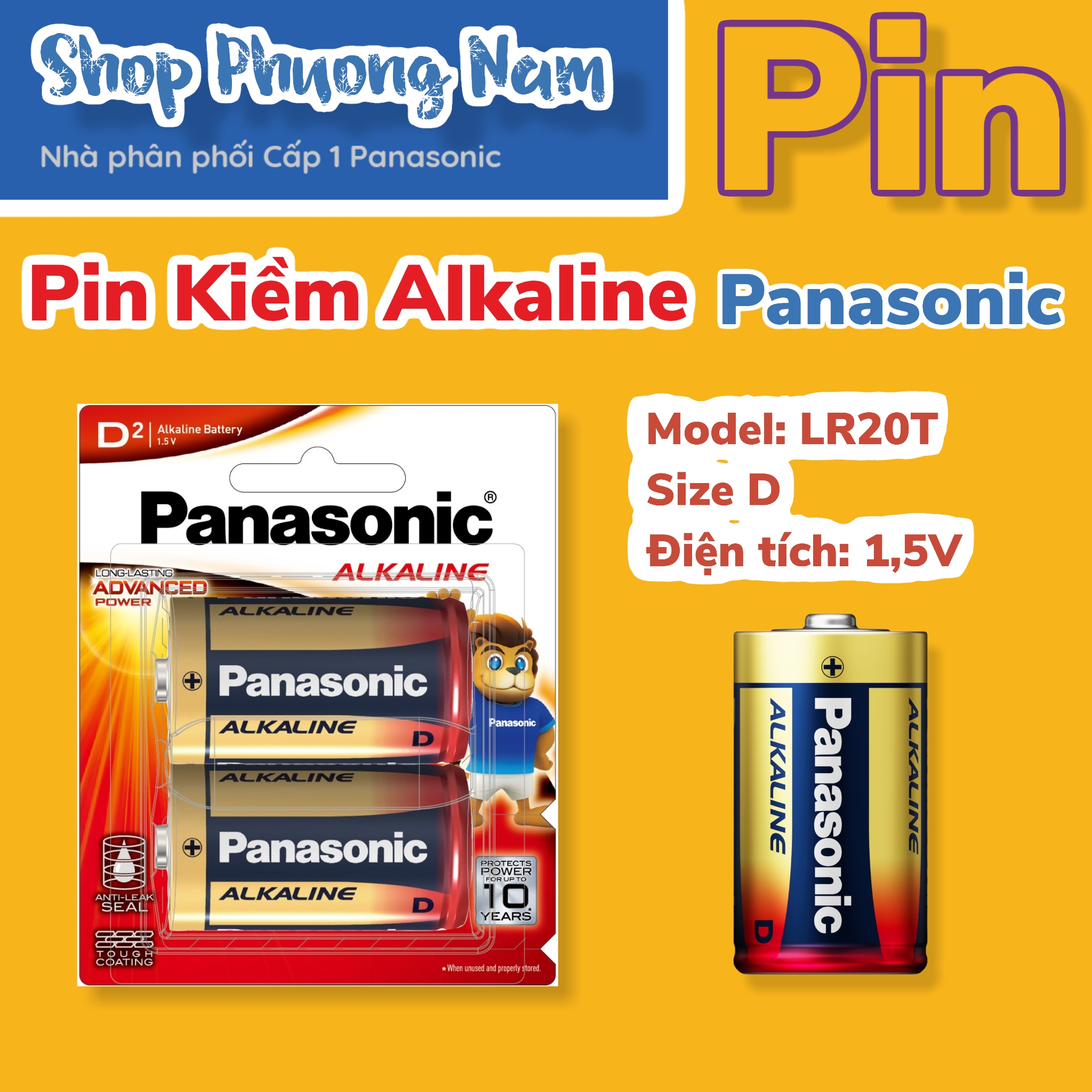 Pin kiềm Akaline 1.5V Panasonic vỉ 2 viên cỡ D, LR20T, pin cho đàn, điều khiển, đồng hồ đứng