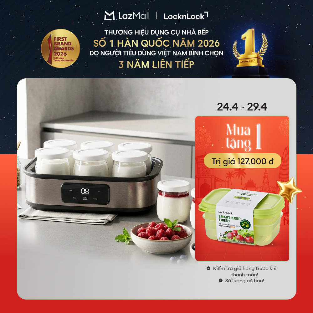 Máy làm sữa chua LocknLock Digital yogurt maker EJY213GRY 1.08L kèm 6 hũ thủy tinh - Màu xám