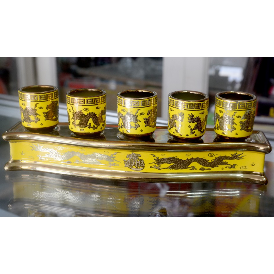 Áng 5-Bộ năm ly nước thờ cúng rồng vàng 3D 29cm