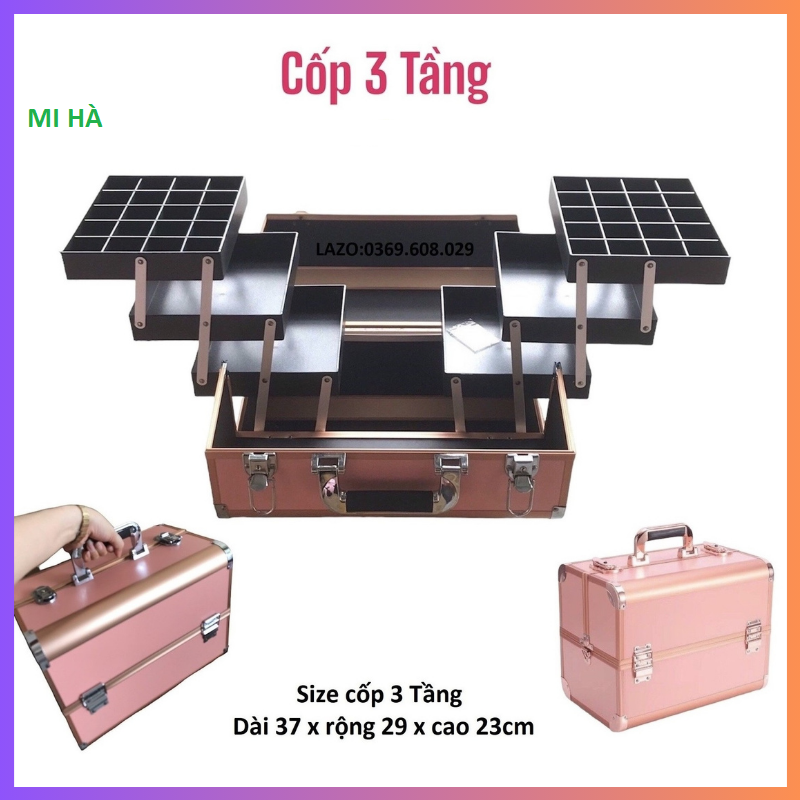Cốp 3 tầng đựng đồ trang điểm, phun xăm, nail,mi_hộp đựng đồ nối mi, tủ đựng phụ kiện đa năng,cốp nhôm đựng đồ nghề make up 3 tầng có ô chia ngăn_ phụ liệu mi hà