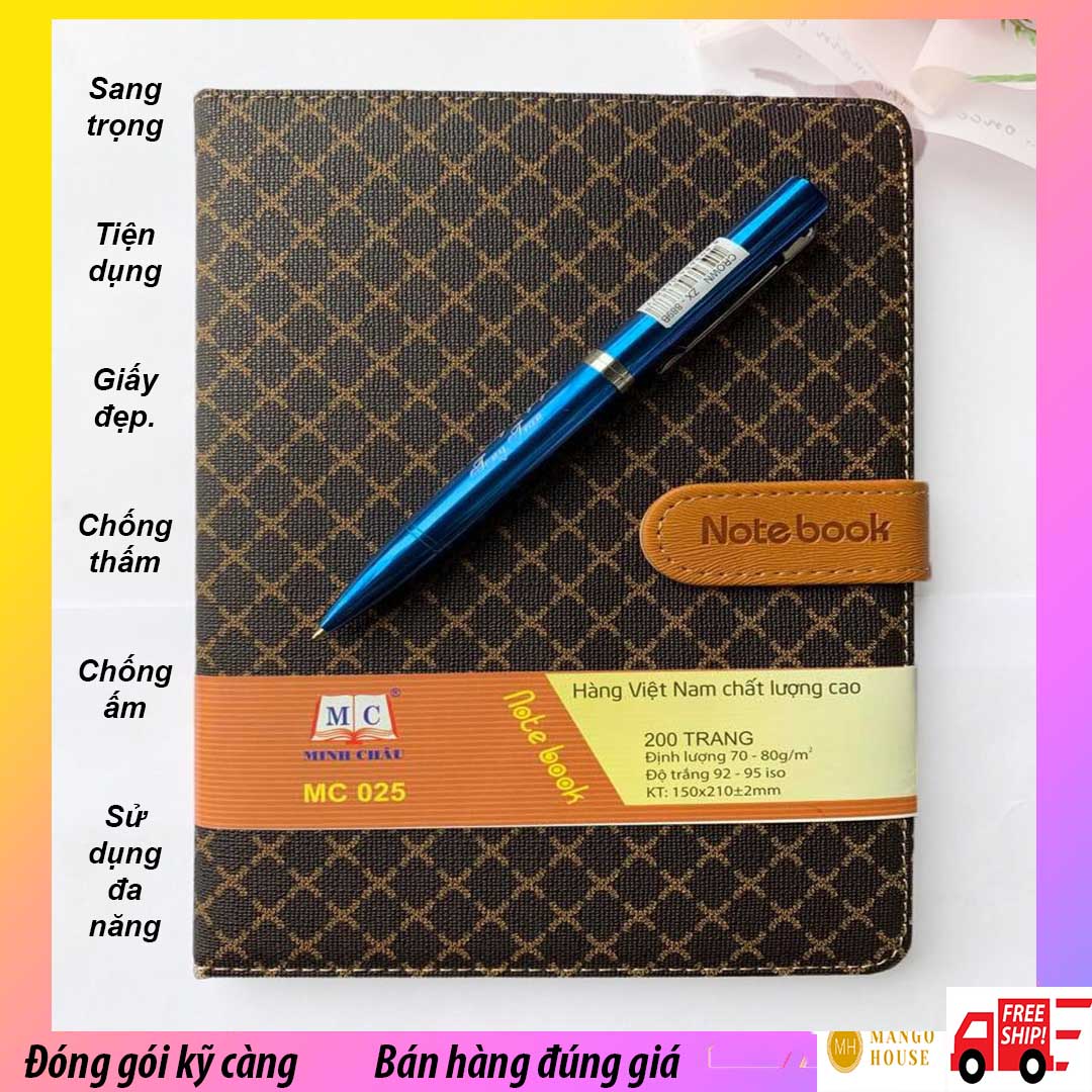 Sổ da cao cấp Minh Châu - Bìa da xịn, Sổ 200 trang, giấy trắng, thiết kế sang trọng, có nút bấm, giấy mịn đẹp, chống thấm nước, phù hợp làm quà tặng, họp hành, hội nghị.- Mango house shop- Sổ tay, sổ đẹp, sổ ghi chép, sổ quà