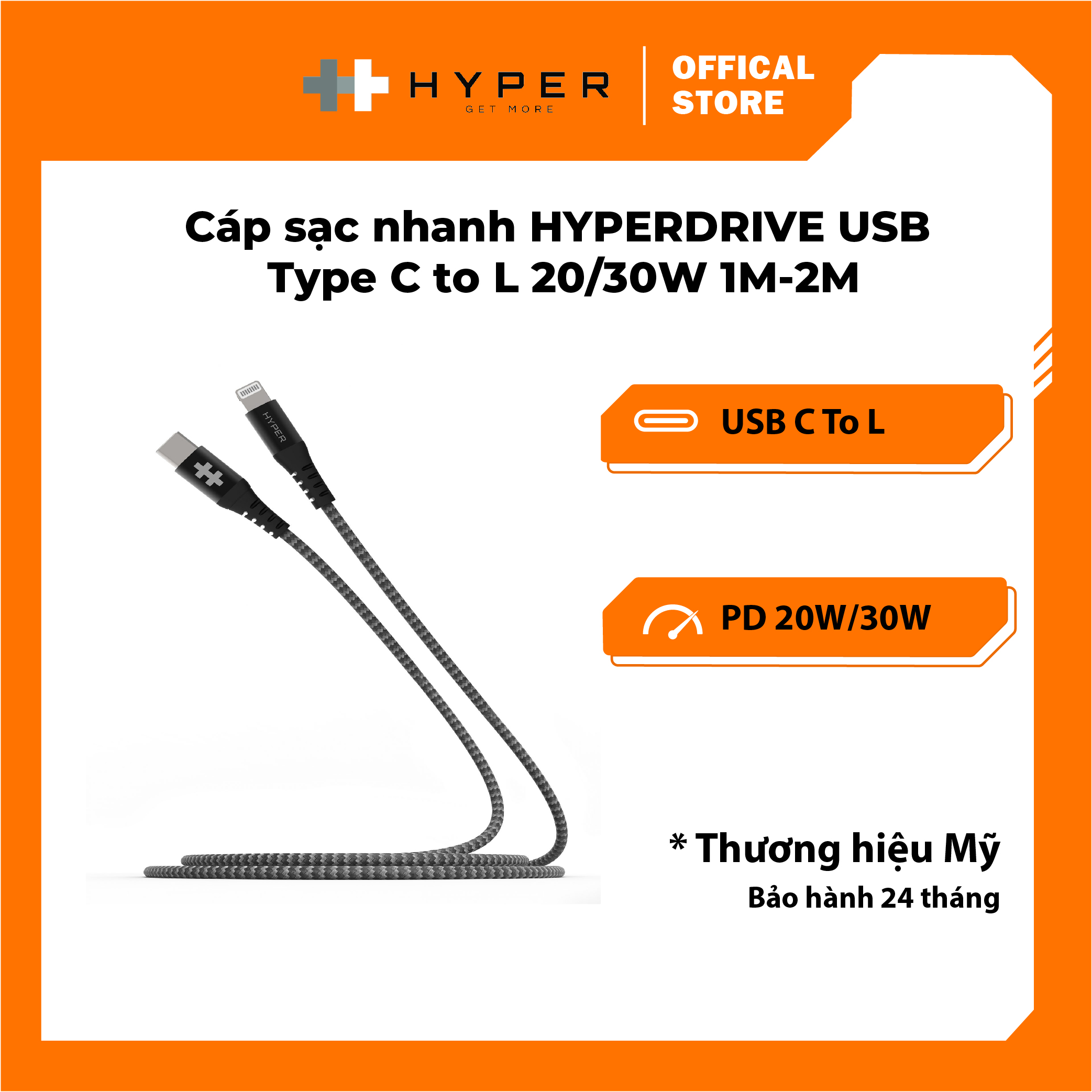 Sợi cáp c to l 20/30w hyperdrive tough 2m mfi dành cho ip/ip - hàng chính hãng