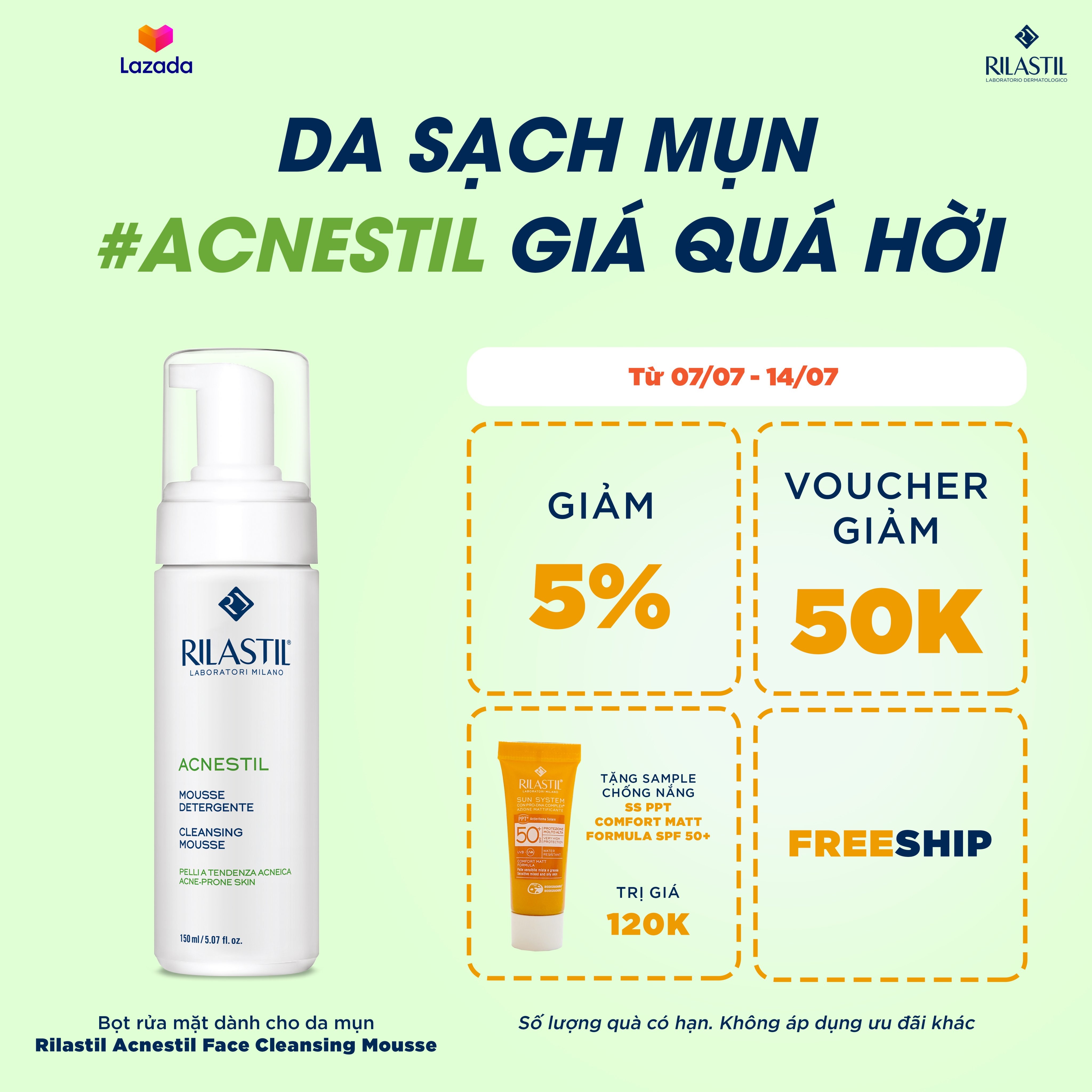 Bọt rửa mặt dành cho da mụn Rilastil Acnestil Face Cleansing Mousse 150ml