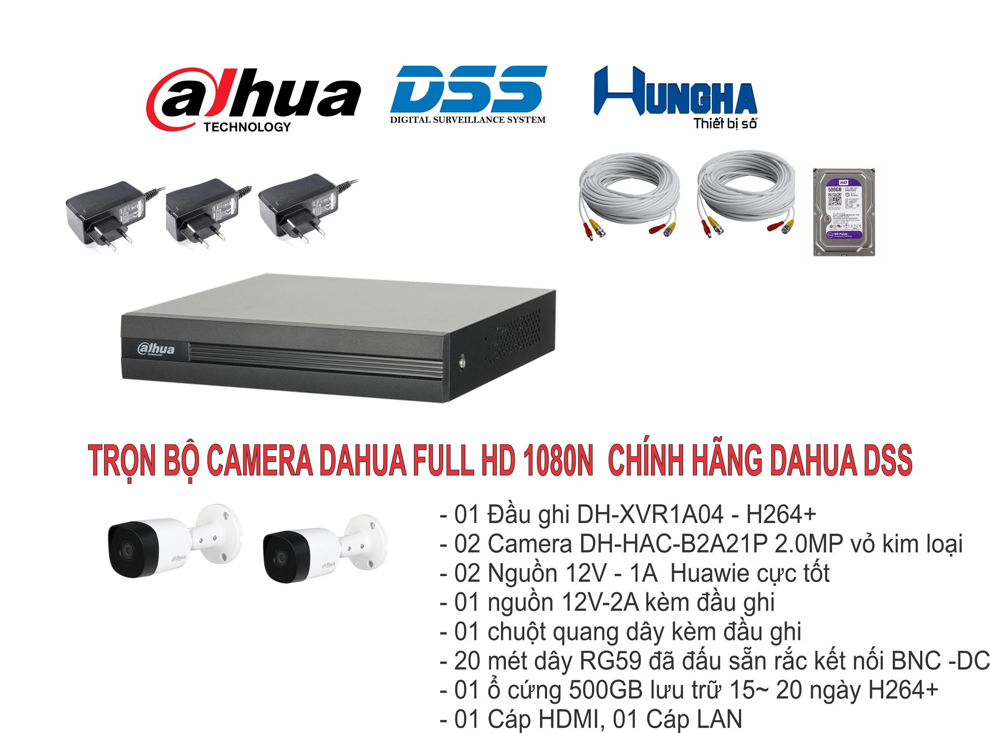 Trọn bộ 2 Camera Dahua DSS Full HD 1080N, Đã cài đặt sẵn, Cắm điện là chạy