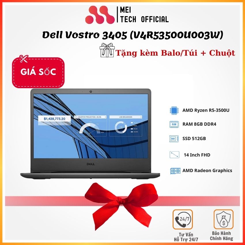 [Tặng Balo + Chuột không dây] Laptop Dell Vostro 3405 (V4R53500U003W)/ Black/ AMD Ryzen R5-3500U (2.10GHz, 4MB)/ Ram 8GB DDR4/ SSD 512GB/ AMD Radeon Graphics/ 14.0 inch FHD/ 3Cell/ Win10SL/ 1Yr -MEI Tech Official- MEI137 - Hàng chính hãng
