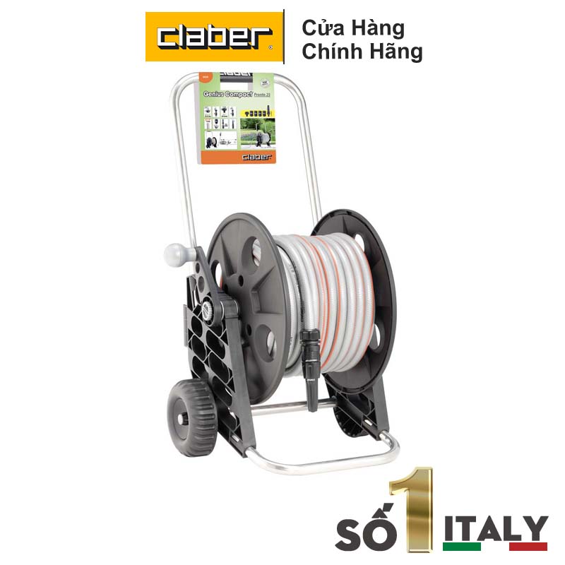 Rulo cuộn ống nước tưới cây có bánh xe Claber 8858-Italy. BH 06 tháng, ống to dài 25m phi 5/8" (14-19mm), khung nhôm, có vòi xịt 2 chế độ và đầy đủ phụ kiện