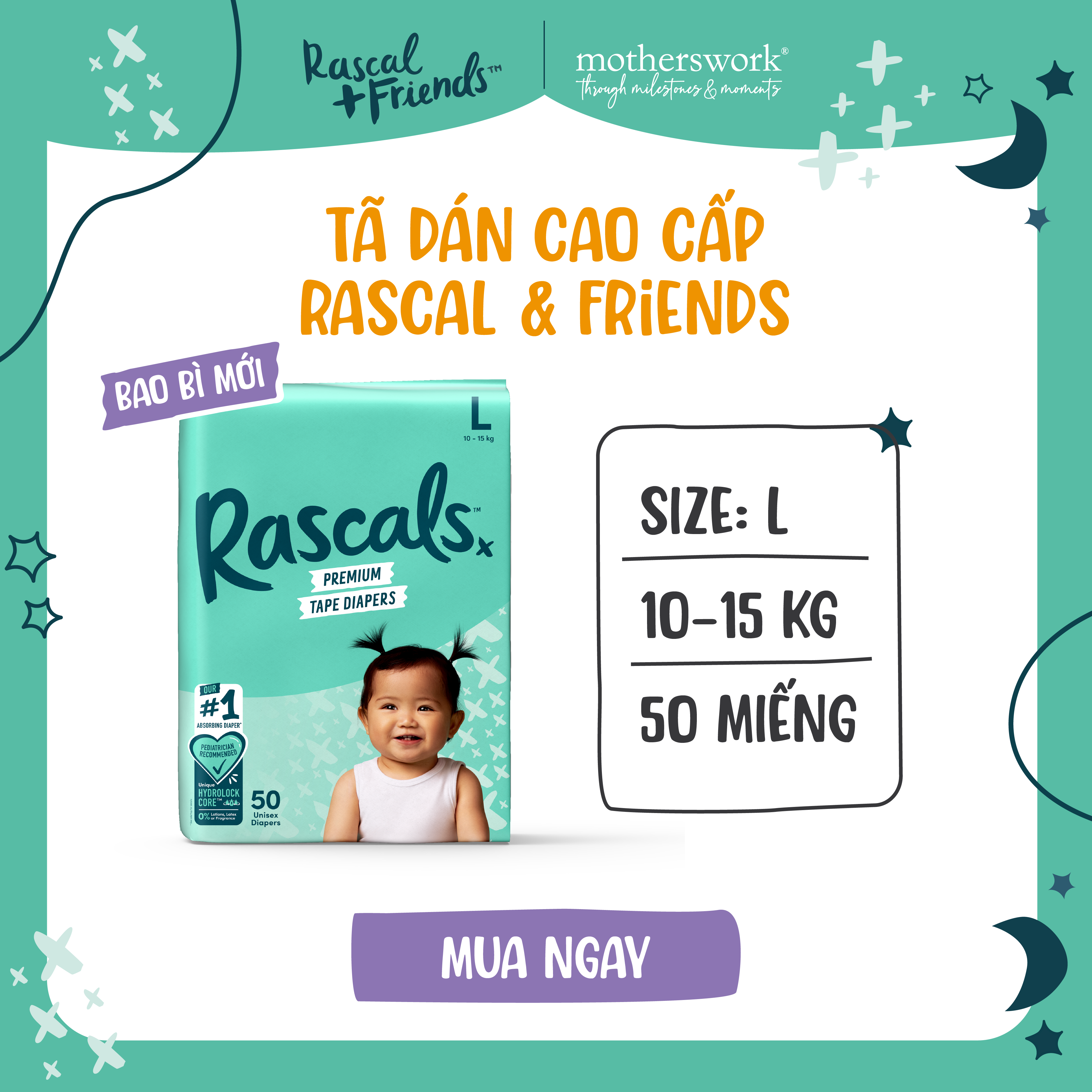 Tã/Bỉm Dán Cao Cấp Rascal + Friends Size L 10-15kg, 50 miếng - motherswork