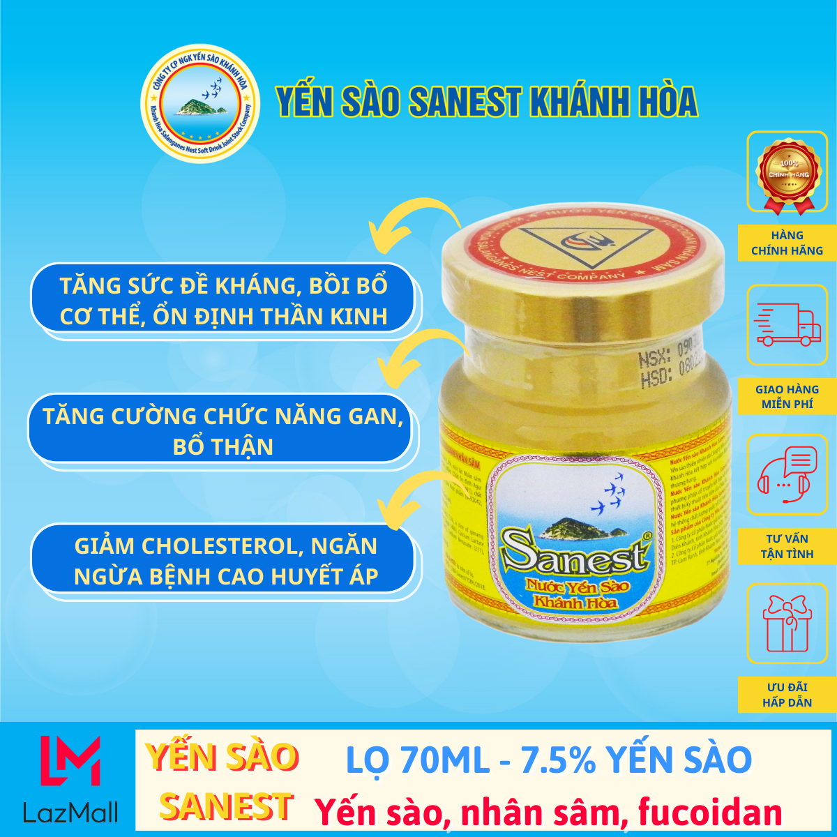 Nước Yến sào Nhân sâm nhập khẩu thượng hạng kết hợp Tinh chất tự nhiên được chiết xuất từ tảo thiên nhiên. Yên sào Khánh Hòa Sanest 7.5%, lọ 70ml.