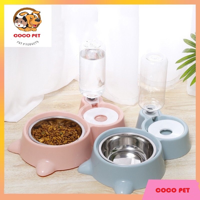 Bát ăn đôi inox kèm bình nước tự động cho chó mèo - bát đựng thức ăn chó mèo