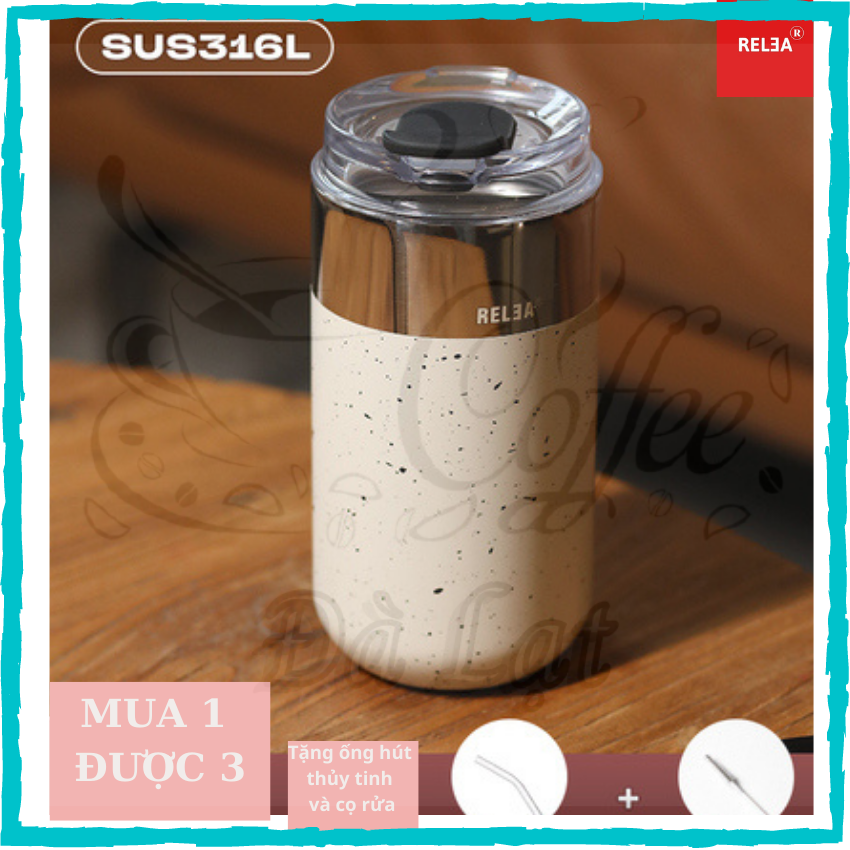 Ly giữ nhiệt thời trang cao cấp có ống hút Đà Lạt Coffee cốc giữ nhiệt nắp nhựa trong suốt inox 316L giữ nhiệt 6h