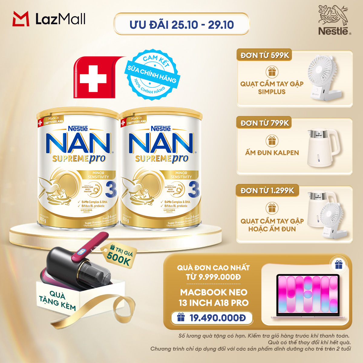 [CHỈ 25-29.10 QT ĐƠN 599K/799K/1299K] [Tặng Máy hút bụi nệm giường] Combo 2 lon Sữa Bột Nestlé NAN SUPREMEPRO 3 800g Nhập Khẩu Đức Cho Bé 2 - 6 Tuổi Chứa Đạm Whey Thủy Phân 1 Phần, 5-HMOs  Lợi khuẩn BIFIDUS BL