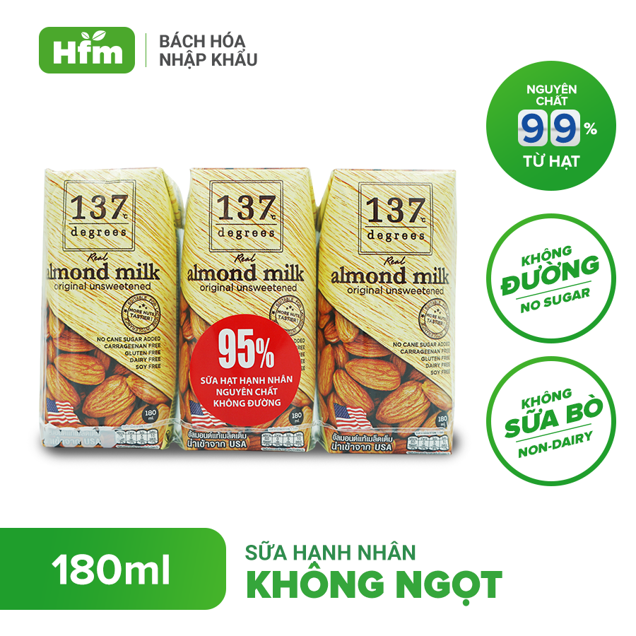 [LỐC 3 HỘP 180ML] Sữa Hạt Hạnh Nhân Không Ngọt 137 DEGREES 180ml, Thành Phần 99% từ hạt tươi Chính Hãng Thái Lan Dinh Dưỡng Healthy