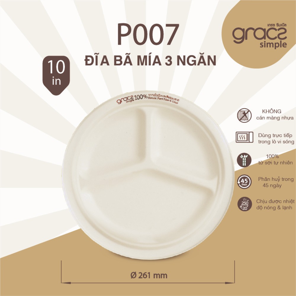 Gracs lốc 50 dĩa bã mía 3 ngăn 10inch hiệu