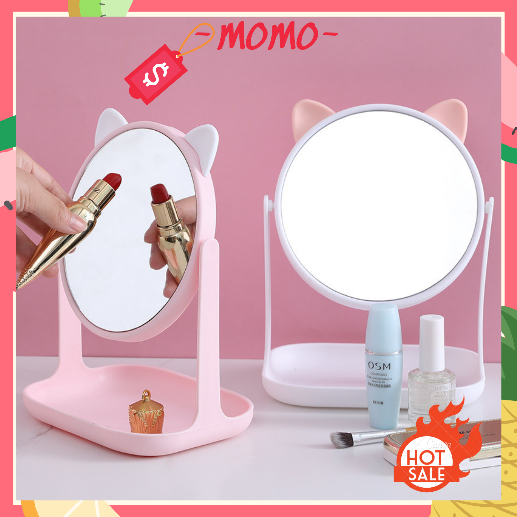 Gương để bàn, gương trang điểm tai mèo và tai thỏ giá rẻ để bàn chất liệu nhựa cứng xoay 360 độ màu sắc siêu đẹp