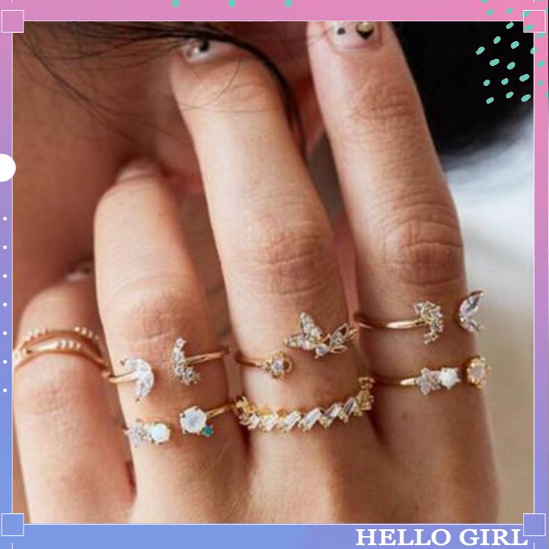Hello Girl Jewelry 7 cái / Set Vintage Crystal Flower Butterfly Ring dành cho nữ Girls Girls Trang sức ngón tay tinh tế Hàn Quốc