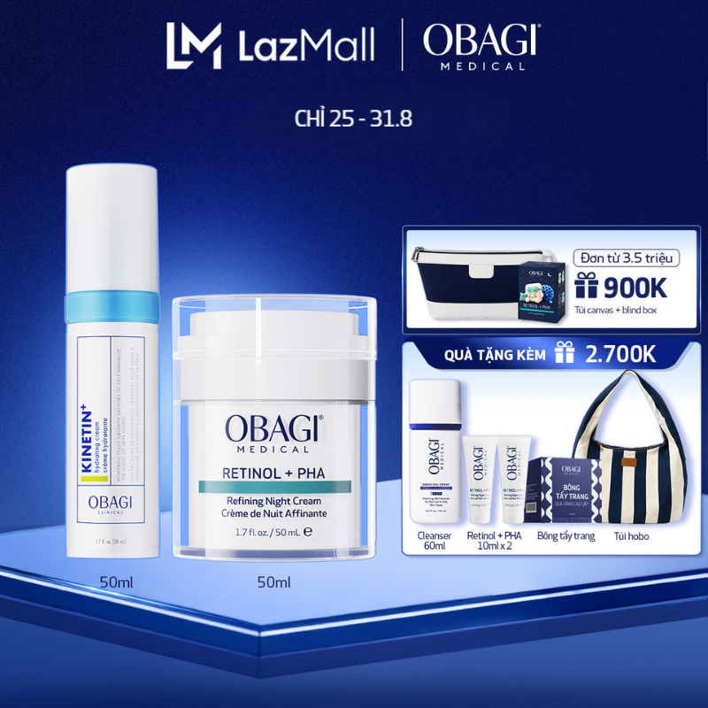Bộ đôi Kem tái tạo  ngăn ngừa lão hóa da Obagi Medical Retinol + PHA 50ml và Kem Dưỡng Dịu Da Kinetin+ Hydrating 50ml
