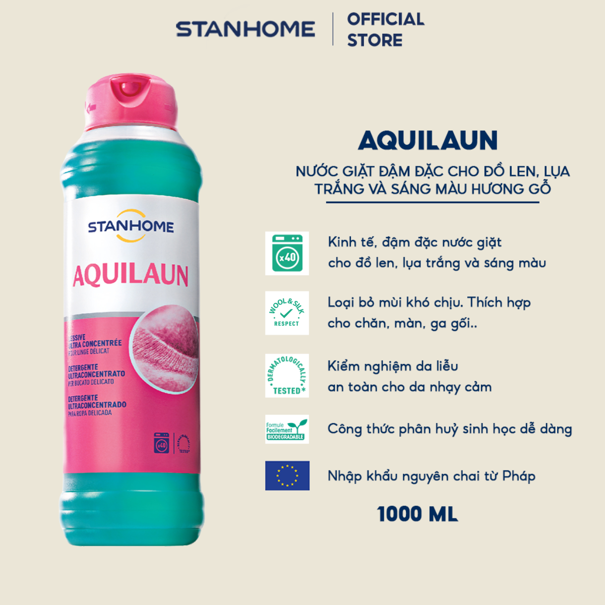 Nước giặt stanhome aquilaun đậm đặc, chuyên dụng cho đồ len, lụa trắng và sáng màu, hương gỗ, dung tích 1000ml