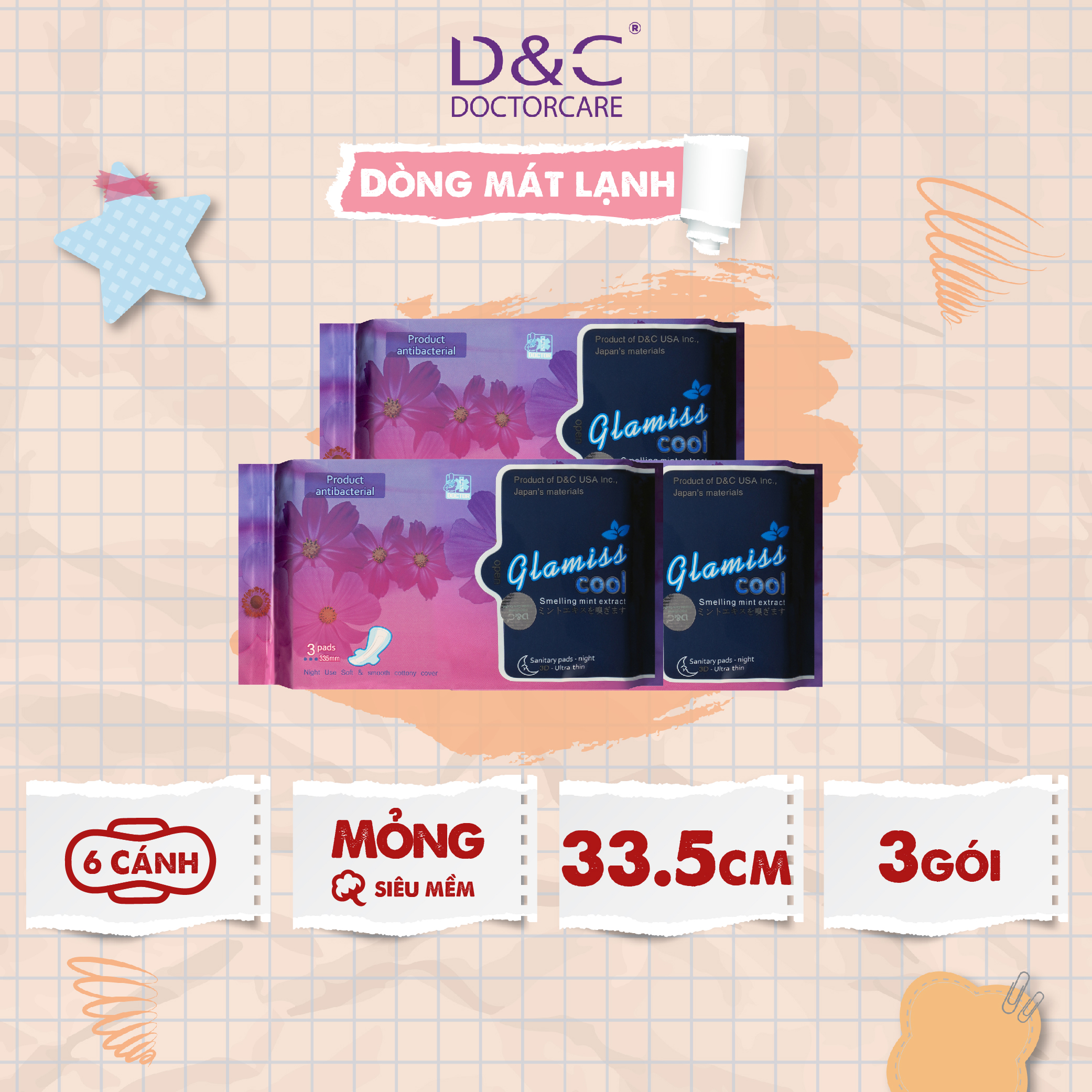 Băng vệ sinh thảo dược Glamiss Cool ban đêm 33.8cm, băng vệ sinh nguyên liệu từ thiên nhiên xuất xứ Nhật Bản, Đài Loan