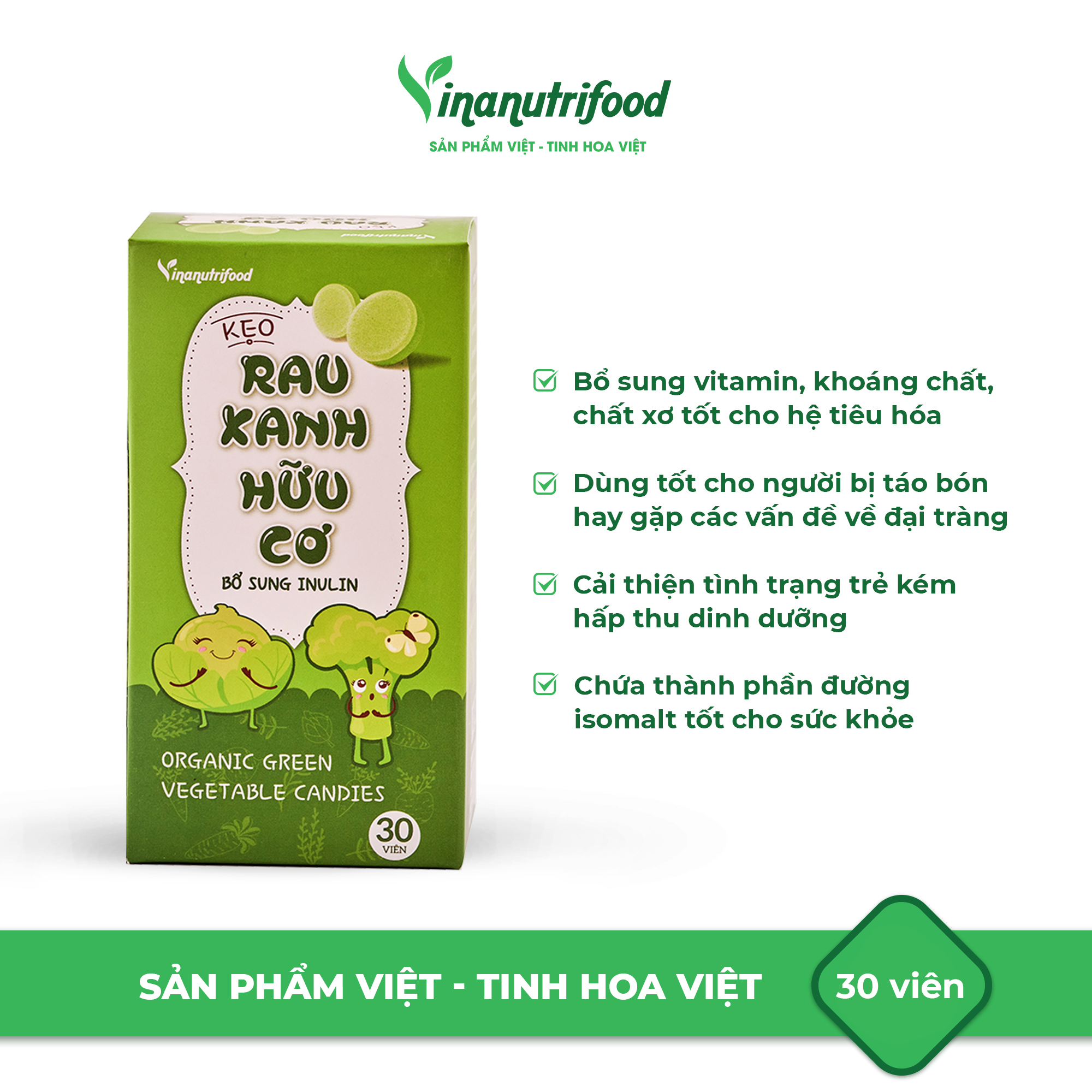 Kẹo rau xanh Vinanutrifood bổ sung chất xơ thành phần từ rau xanh, sữa bò cô đặc, đường ăn kiêng Isomalt, bổ sung tinh chất rau củ chứa vitamin và khoáng chất xơ, có lợi cho tiêu hóa, phù hợp với bé lười ăn rau, hộp 30 viên