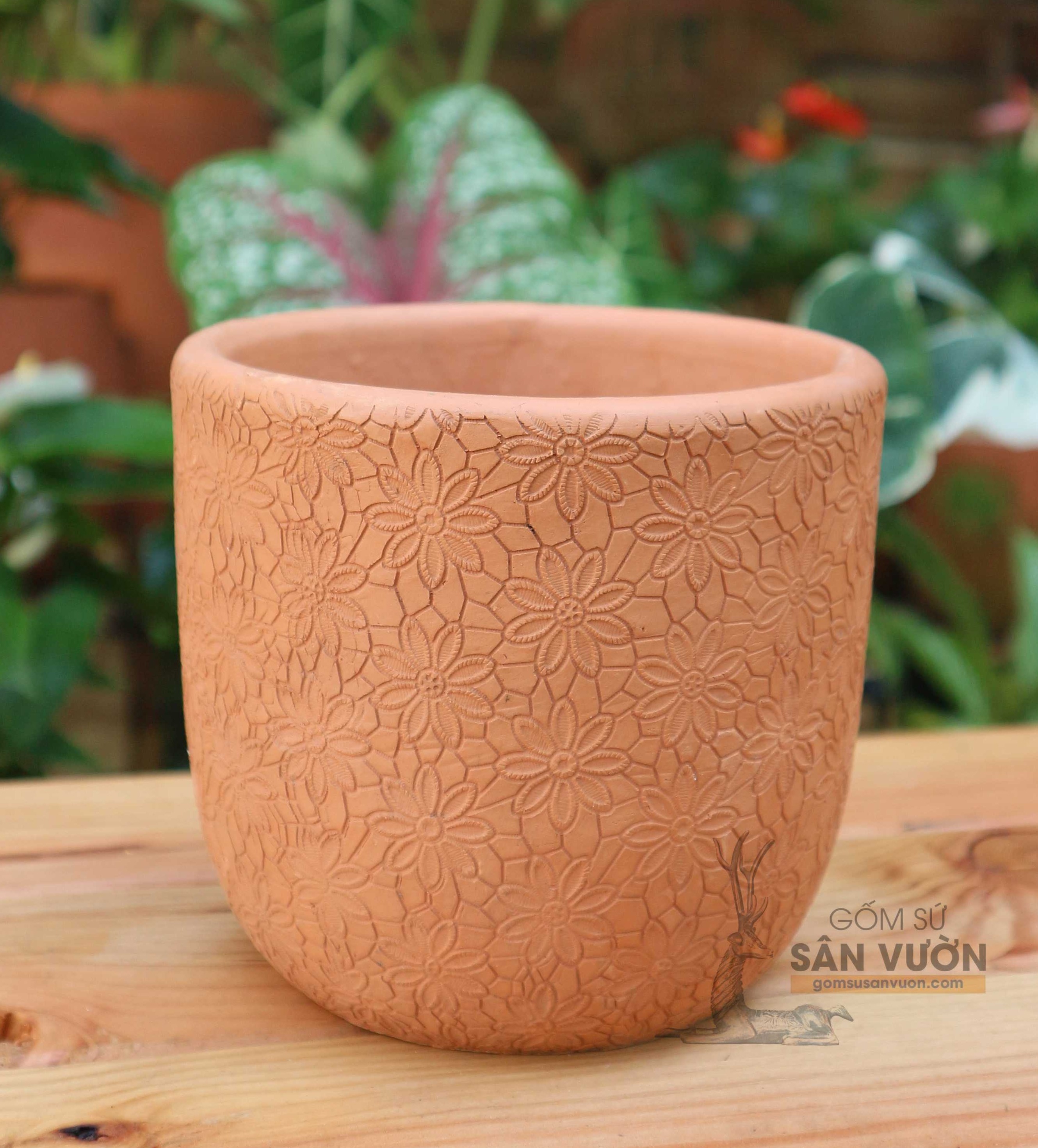 Chậu gốm đất nung kiểu TRỨNG VÂN HOA CÚC size 15cm LPCN07 (1 cái) - Màu gốm đỏ , chậu trồng cây, gốm sứ sân vườn Bình Dương