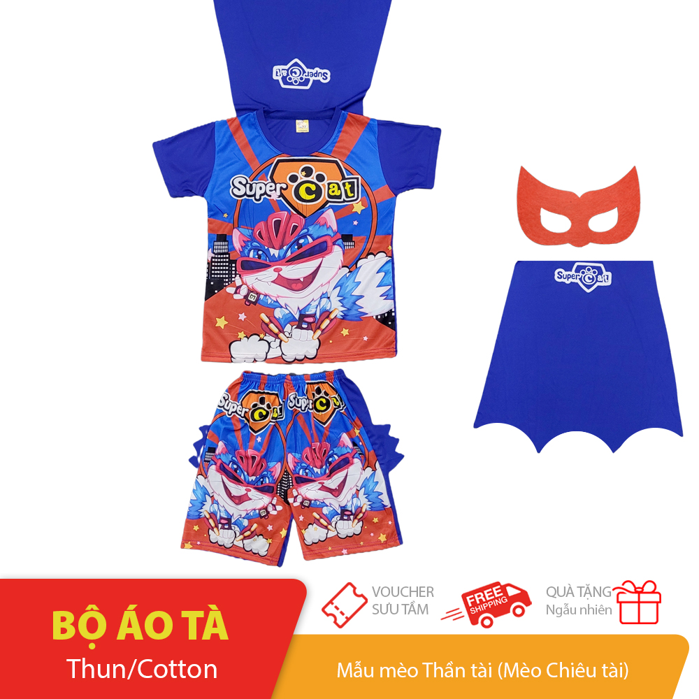 Đồ bộ siêu nhân áo kèm tà quần kèm vây tặng kèm mắt kính cho bé size 16-26kg chất vải cotton mềm mại