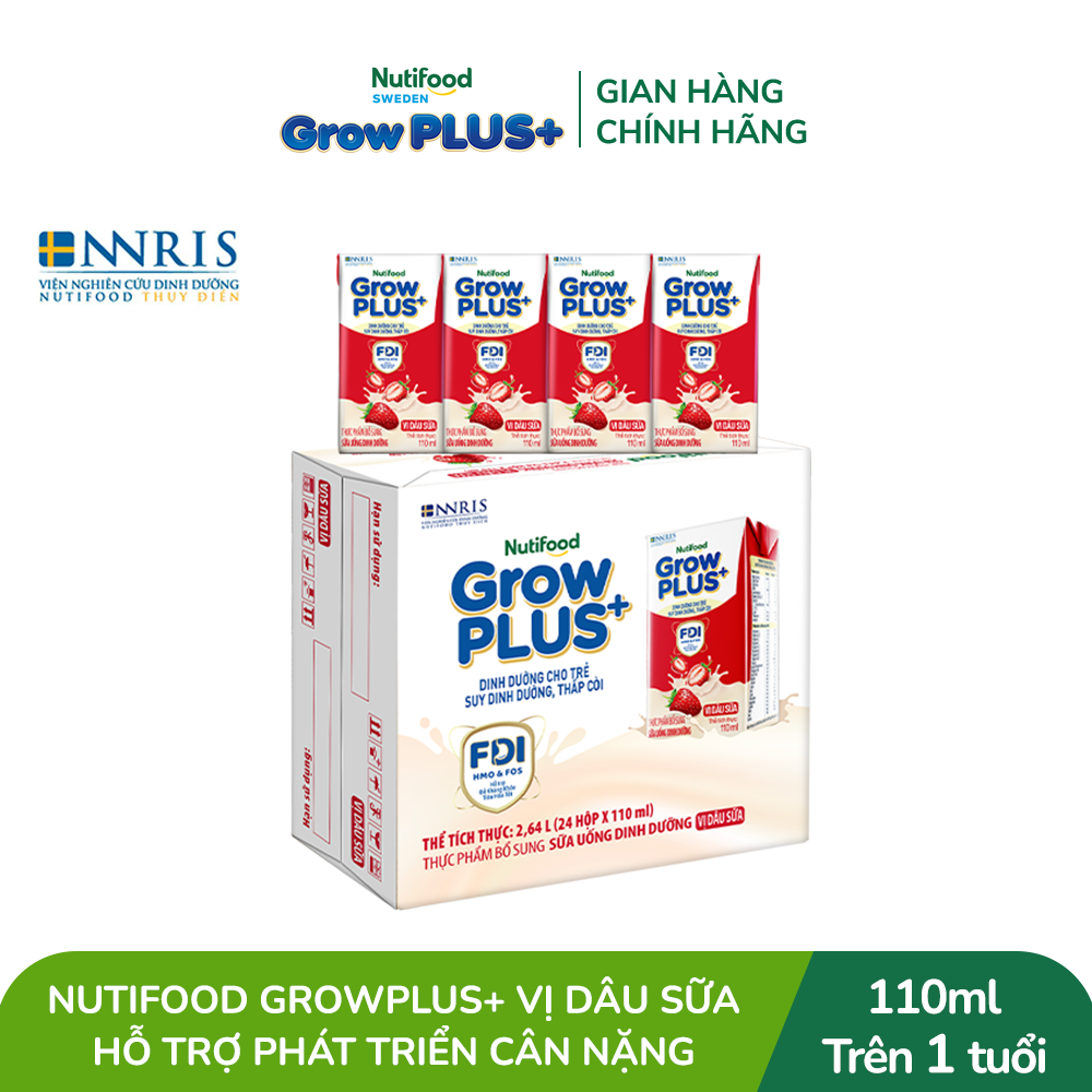 Thùng 24 hộp Sữa bột pha sẵn Nutifood GrowPLUS+ Vị Dâu Sữa hộp 110ml - Hỗ trợ phát triển cân nặng - (24 hộp x 110ml)