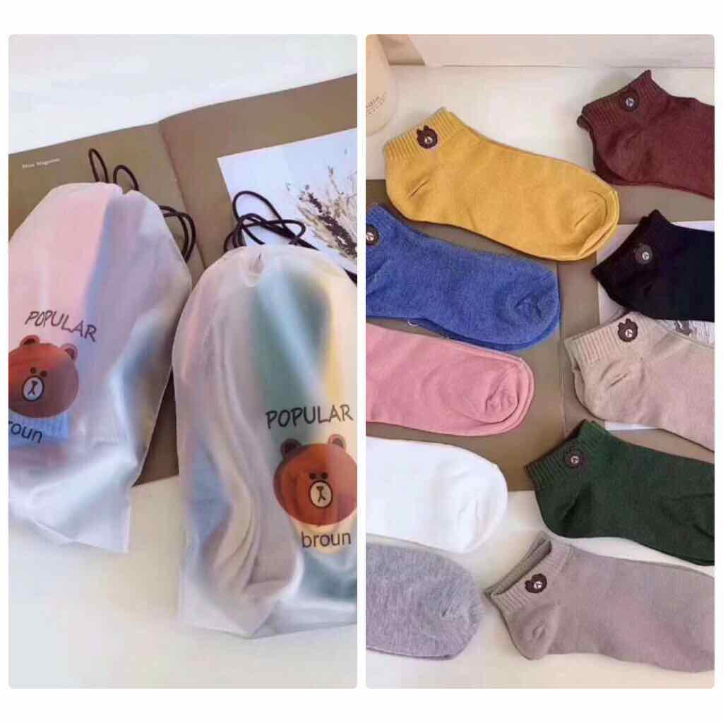 Set 10 đôi tất gấu brown cute đủ màu kèm túi đựng xinh xắn