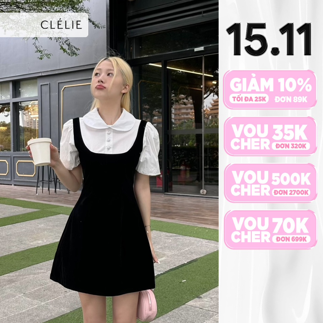 Đầm chữ a cotton nhung tay ngắn nhún rộng LILAC DRESS - CLÉLIE