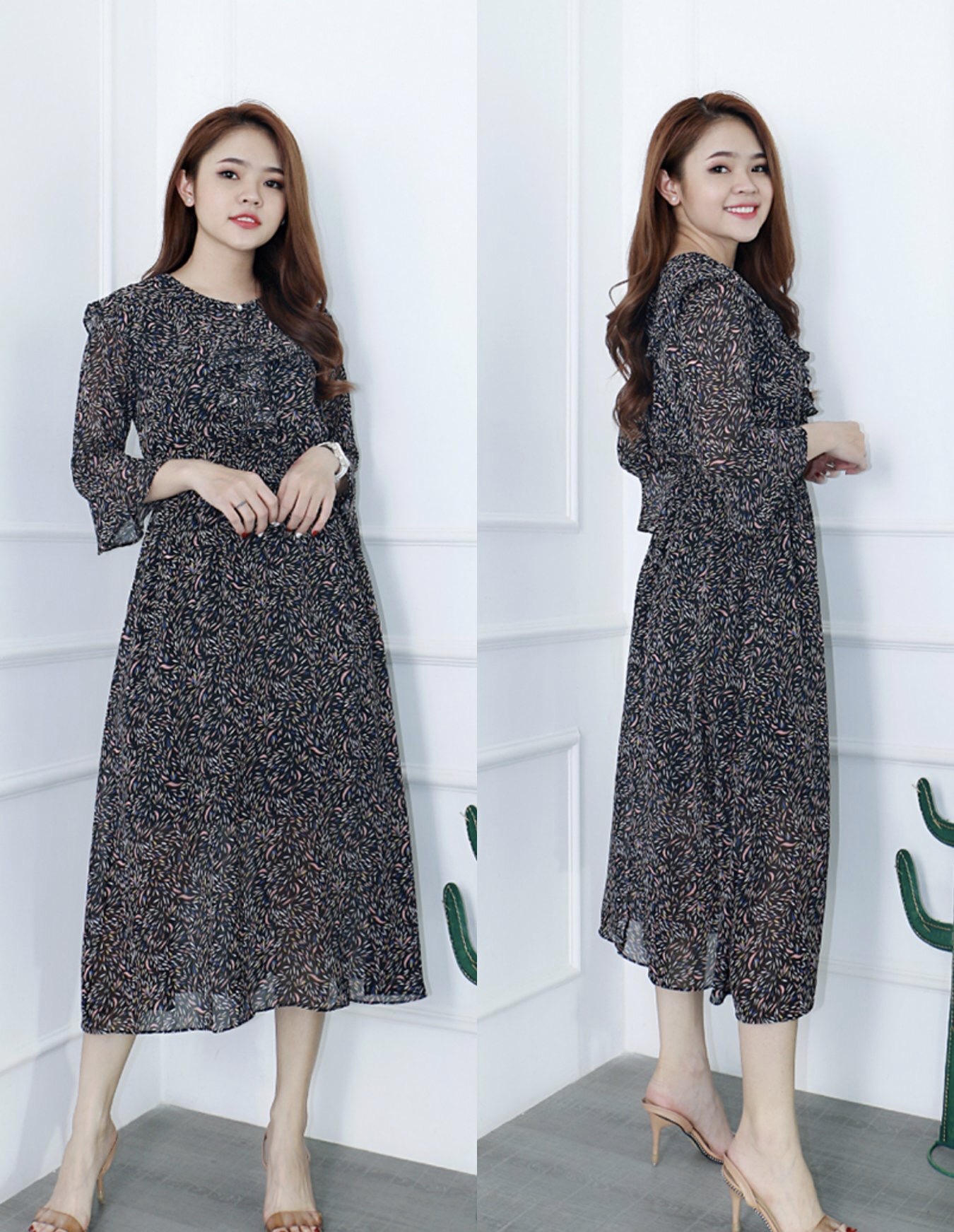 Đầm váy maxi dạo biển họa tiết phối cổ bèo