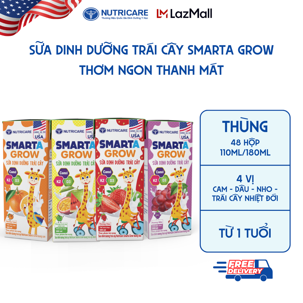 Box of 48 Smarta Grow Nutricare Fruit Milk Boxes Helps Children Increase Height, Strong Bones, Provides Energy for Children from 1 Year Old