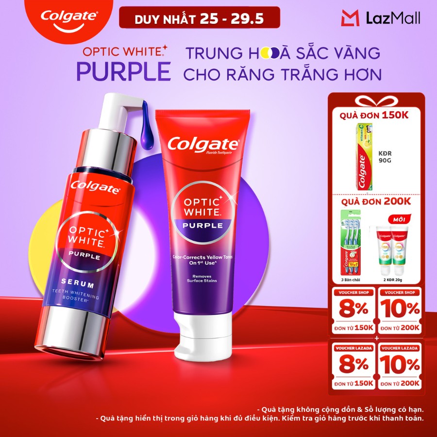 [Chỉ 25-29.5_X2 Voucher giảm 20%] Bộ đôi Colgate Optic White Purple: Serum và Kem đánh răng trắng răng, trung hòa sắc vàng tức thì