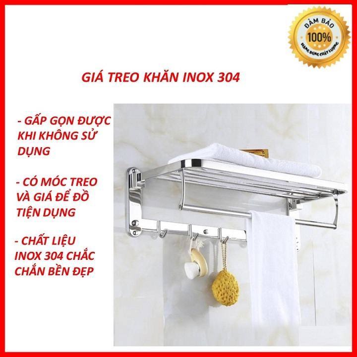 Giá treo khăn nhà tắm inox 304 đa chức năng - giá treo khăn kiêm kệ để đồ - giá treo khăn có móc treo tiện dụng